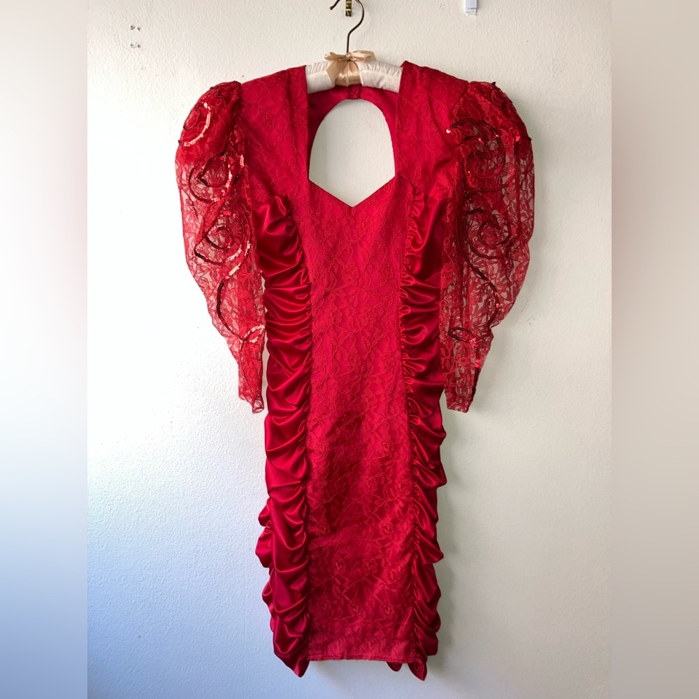 Vintage '80s Mayvens Red Party Dress Lace Sleeves Satin Ruching Prom XS